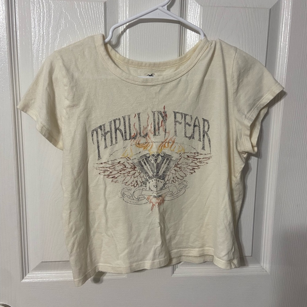 Hollister White Crop Top with Thrill Graphic